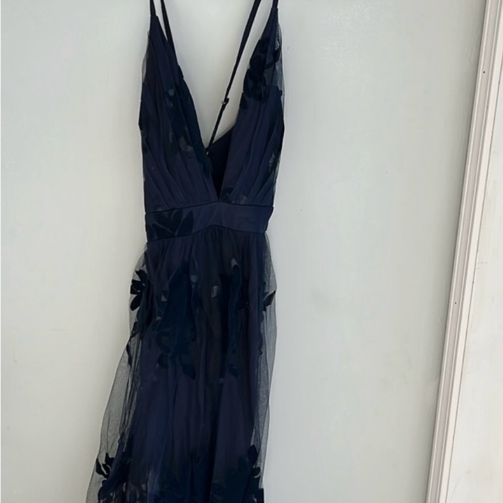 Luxxel Blue Plunge Neck Spaghetti Strap Gown